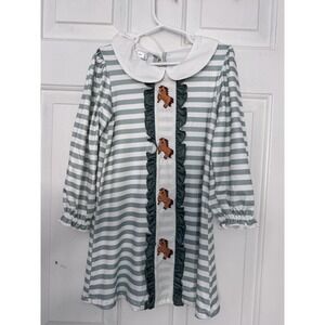 Girls 4 5 Green Stripe Horse Applique Long Sleeve Peter Pan Collar Dress